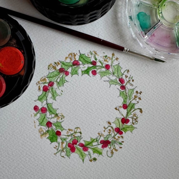 How to draw a holly wreath