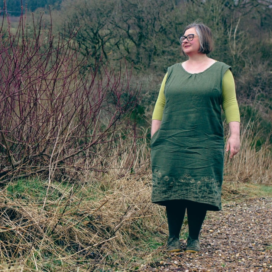 Jane in embroidered dark green linen dress