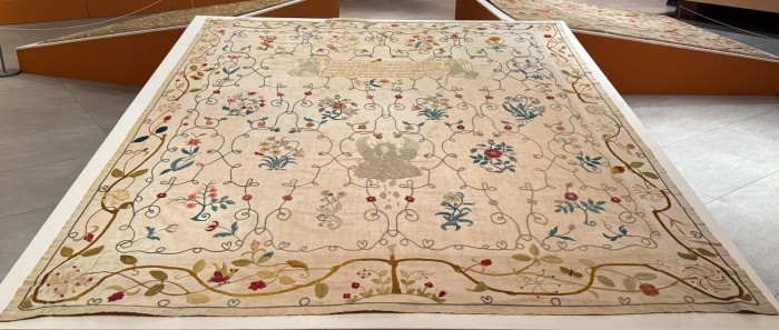 Pelican bed cover embroidered by Louise Lorimer